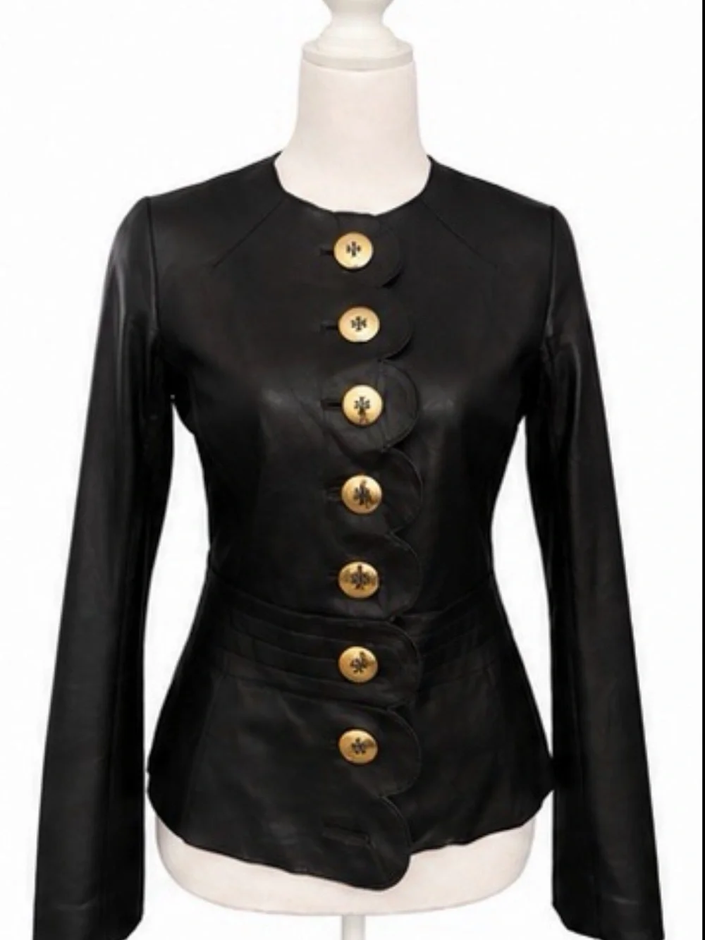 Tory Burch Black Leather Scalloped Jacket with Gold Logo Buttons